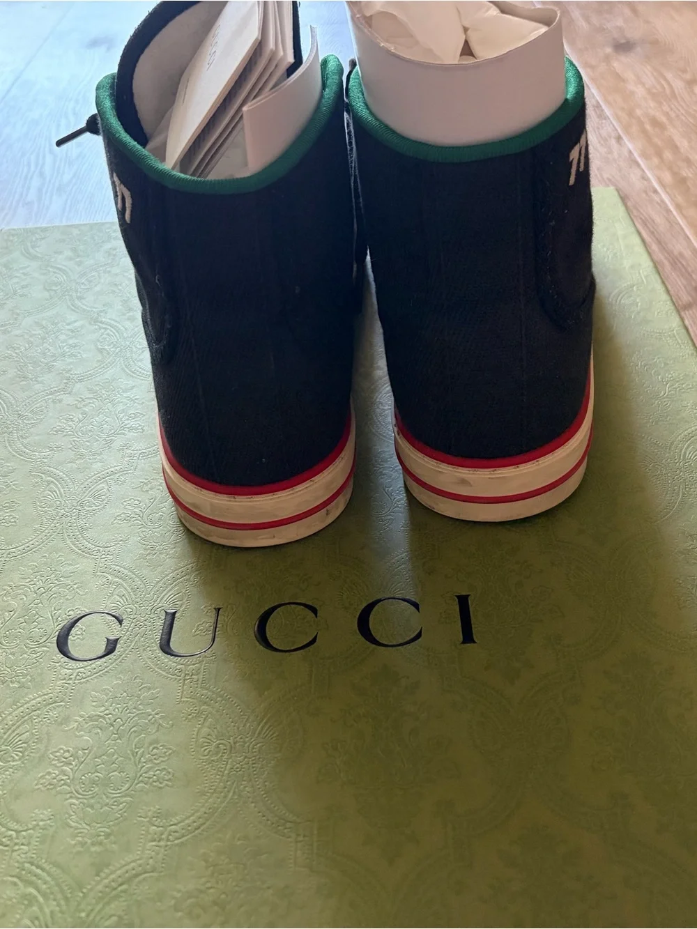 Gucci Men's Black High-Top Sneakers with Red & Blue Web Stripe Tennis 1977 sneak